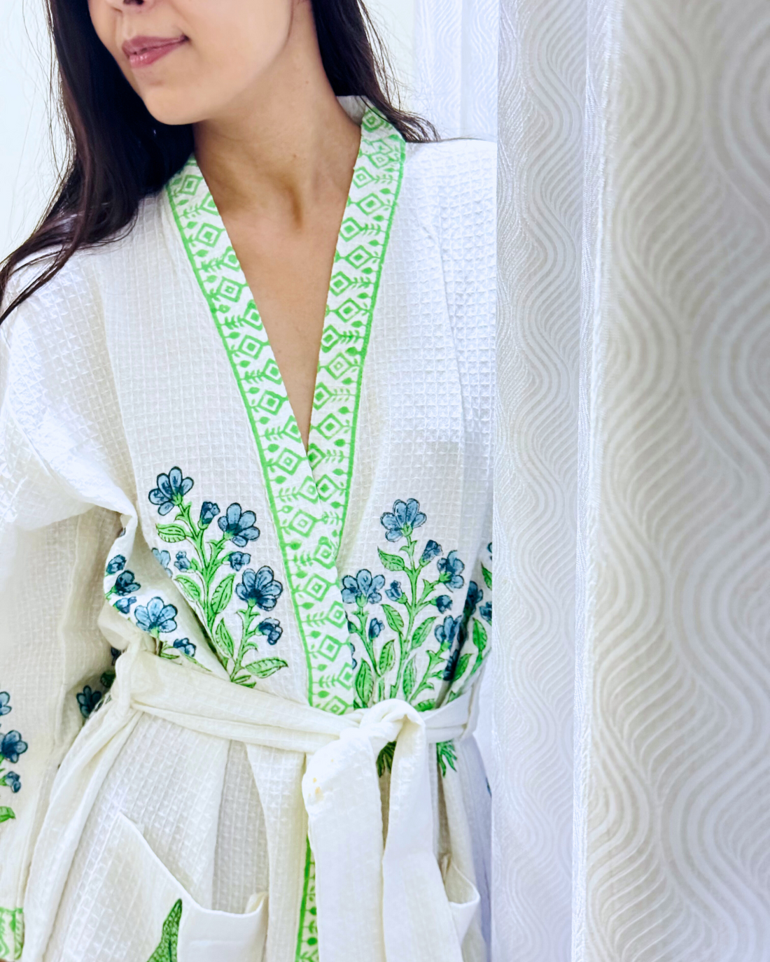 Green Ocean Handblock Premium Bathrobe, hand block printed premium cotton bathrobe, main product image, Sanganer Jaipur artisan craft