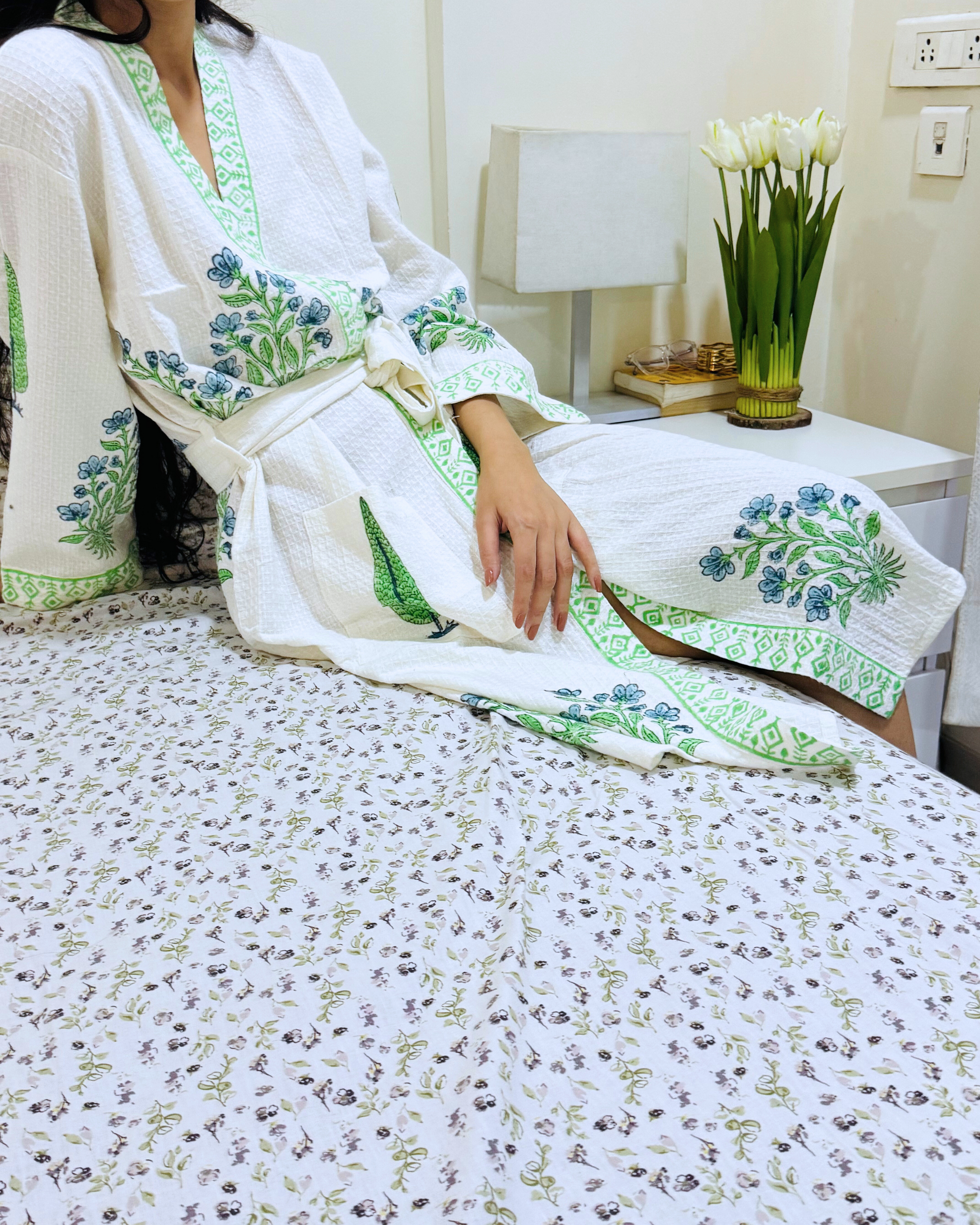 Green Ocean Handblock Premium Bathrobe hand block printed premium cotton bathrobe close-up detail, print pattern