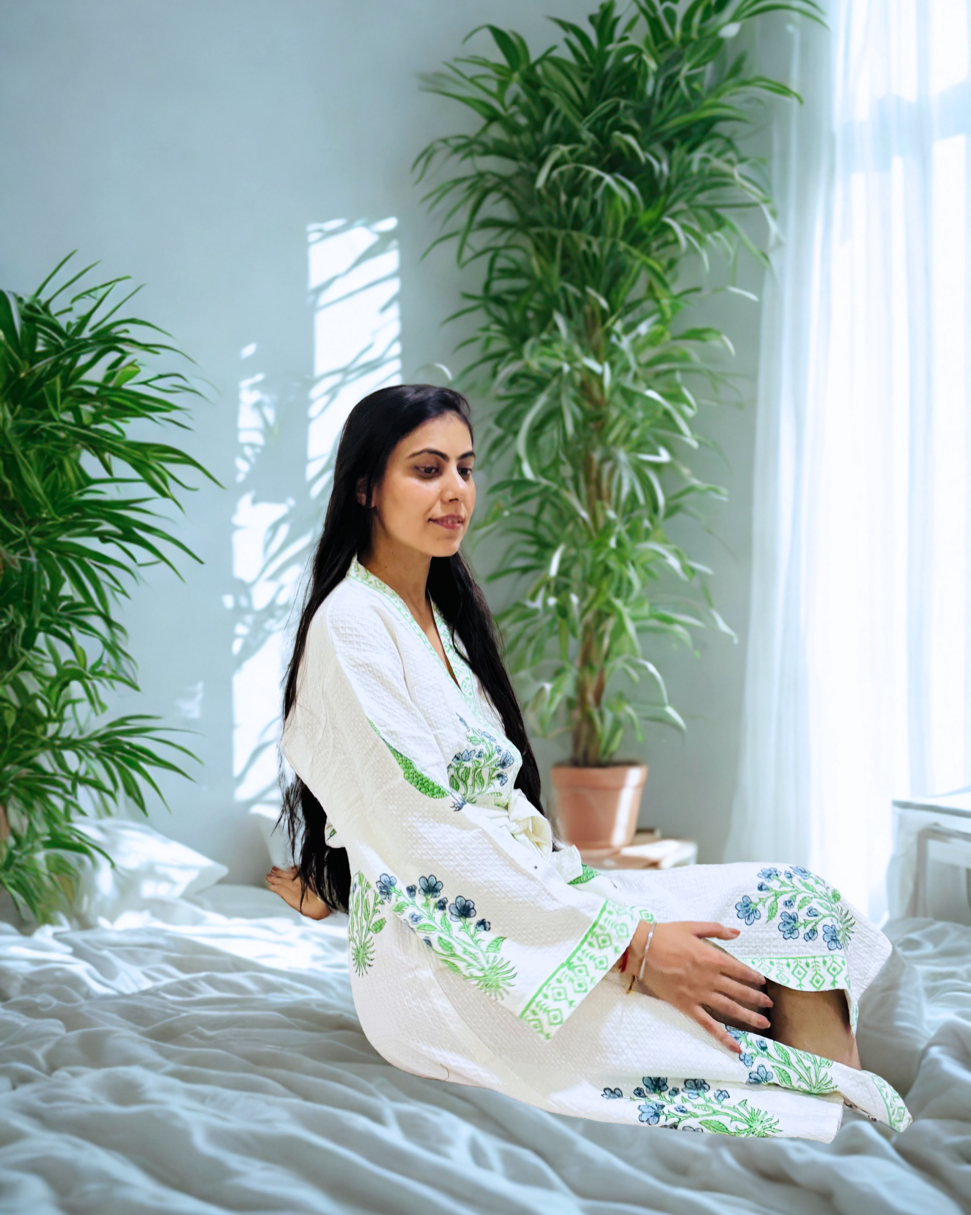 Green Ocean Handblock Premium Bathrobe hand block printed premium cotton bathrobe close-up detail, print pattern
