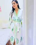 Green Ocean Handblock Premium Bathrobe hand block printed premium cotton bathrobe close-up detail, print pattern