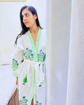 Green Ocean Handblock Premium Bathrobe hand block printed premium cotton bathrobe styled view showing full set