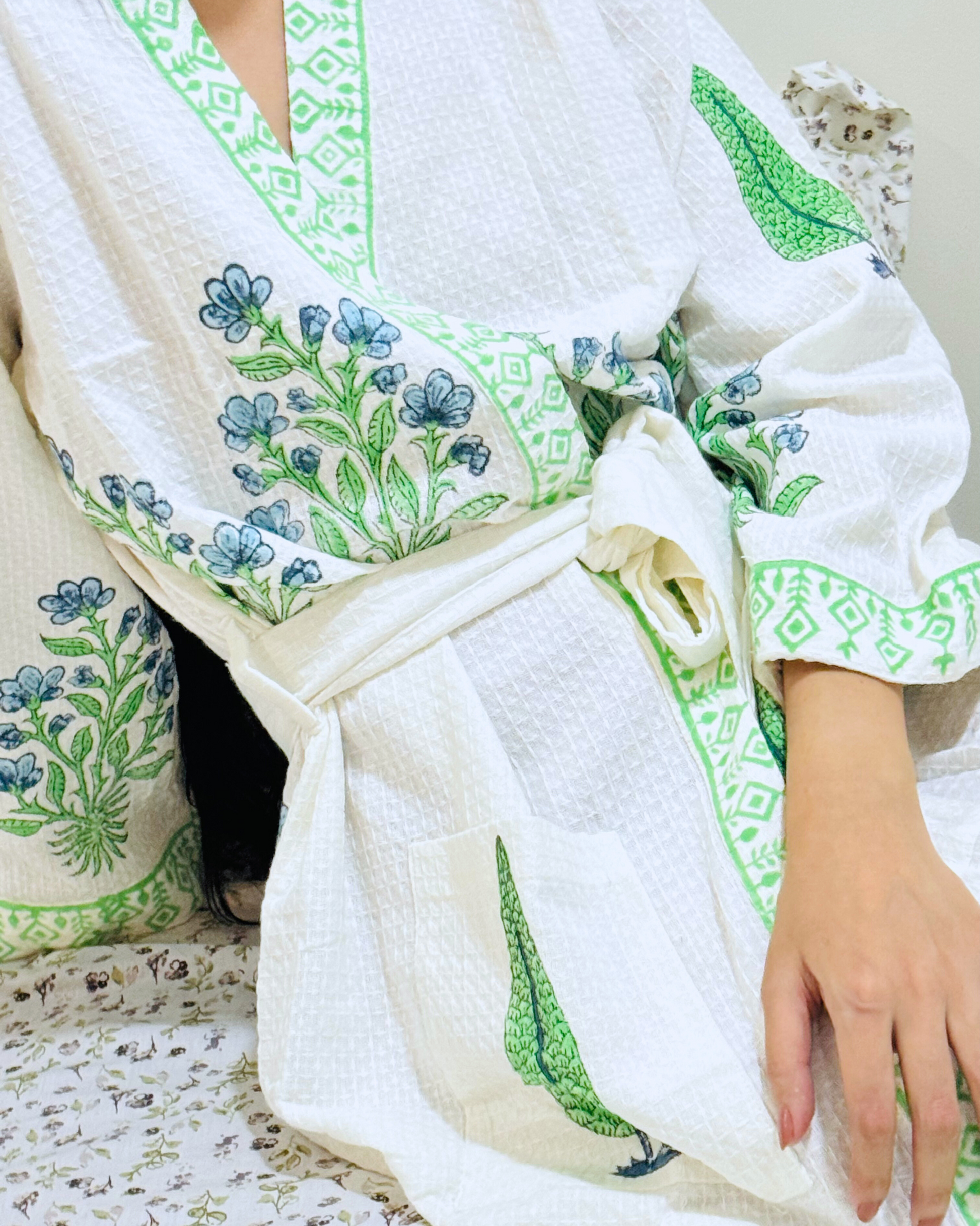 Green Ocean Handblock Premium Bathrobe, hand block printed premium cotton bathrobe, main product image, Sanganer Jaipur artisan craft