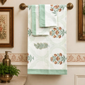 Grey Garden Handblock Premium Bath Towel Set ( Towel + 2 Hand Towels ) hand block printed premium cotton bath towel set styled view showing full set