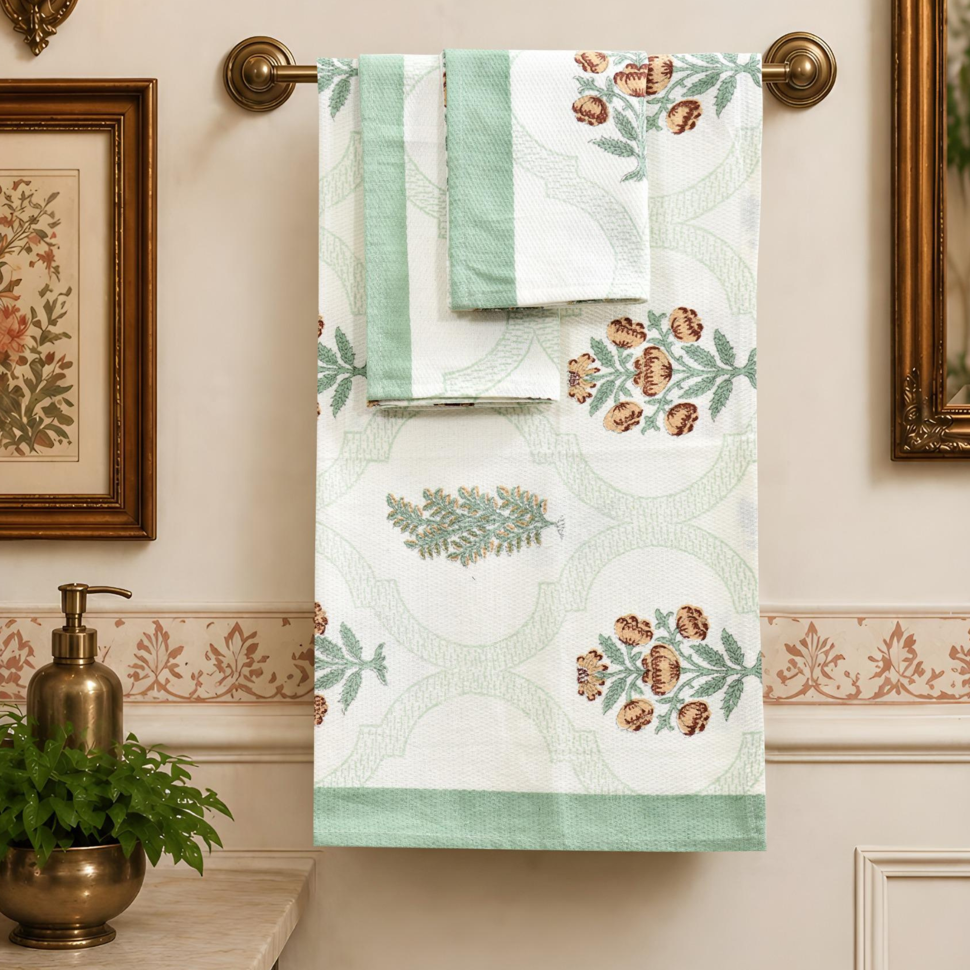 Grey Garden Handblock Premium Bath Towel Set ( Towel + 2 Hand Towels ) hand block printed premium cotton bath towel set styled view showing full set