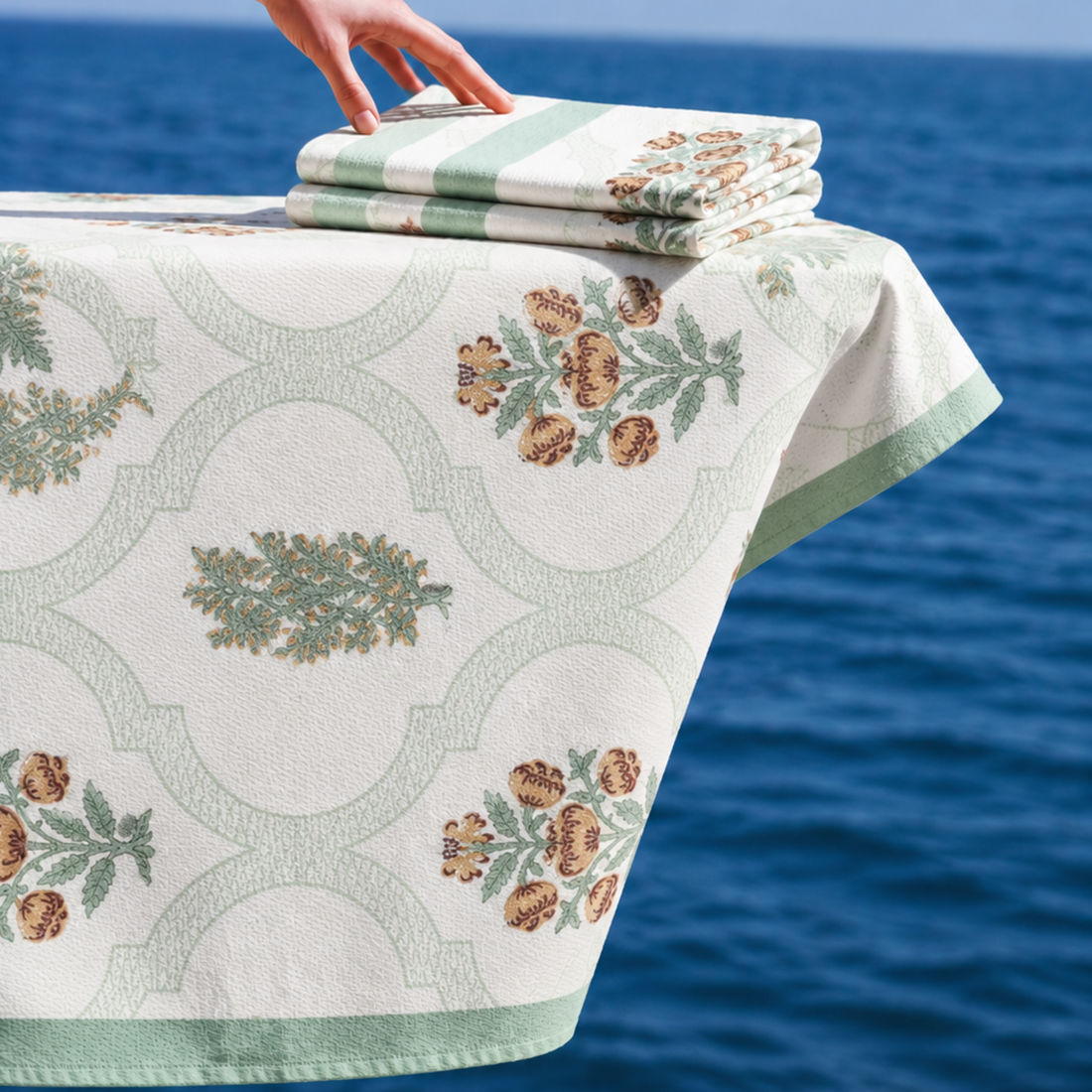Grey Garden Handblock Premium Bath Towel Set ( Towel + 2 Hand Towels ), hand block printed premium cotton bath towel set, main product image, Sanganer Jaipur artisan craft