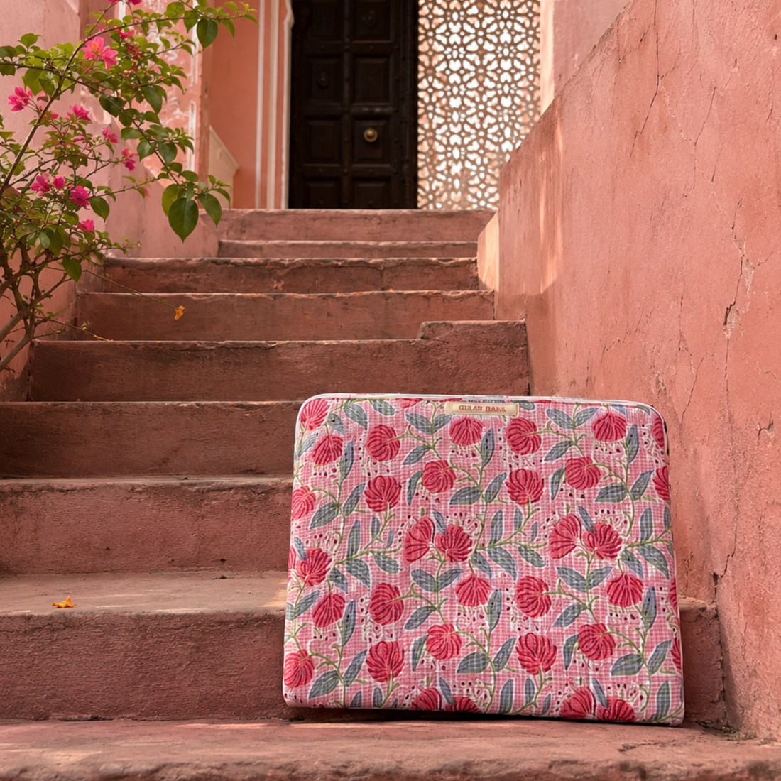 Gulabi Garden Artistic Handblock Laptop Sleeve, hand block printed artistic laptop sleeve, Sanganer Jaipur artisan craft