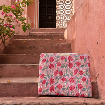 Gulabi Garden Artistic Handblock Laptop Sleeve, hand block printed artistic laptop sleeve, Sanganer Jaipur artisan craft