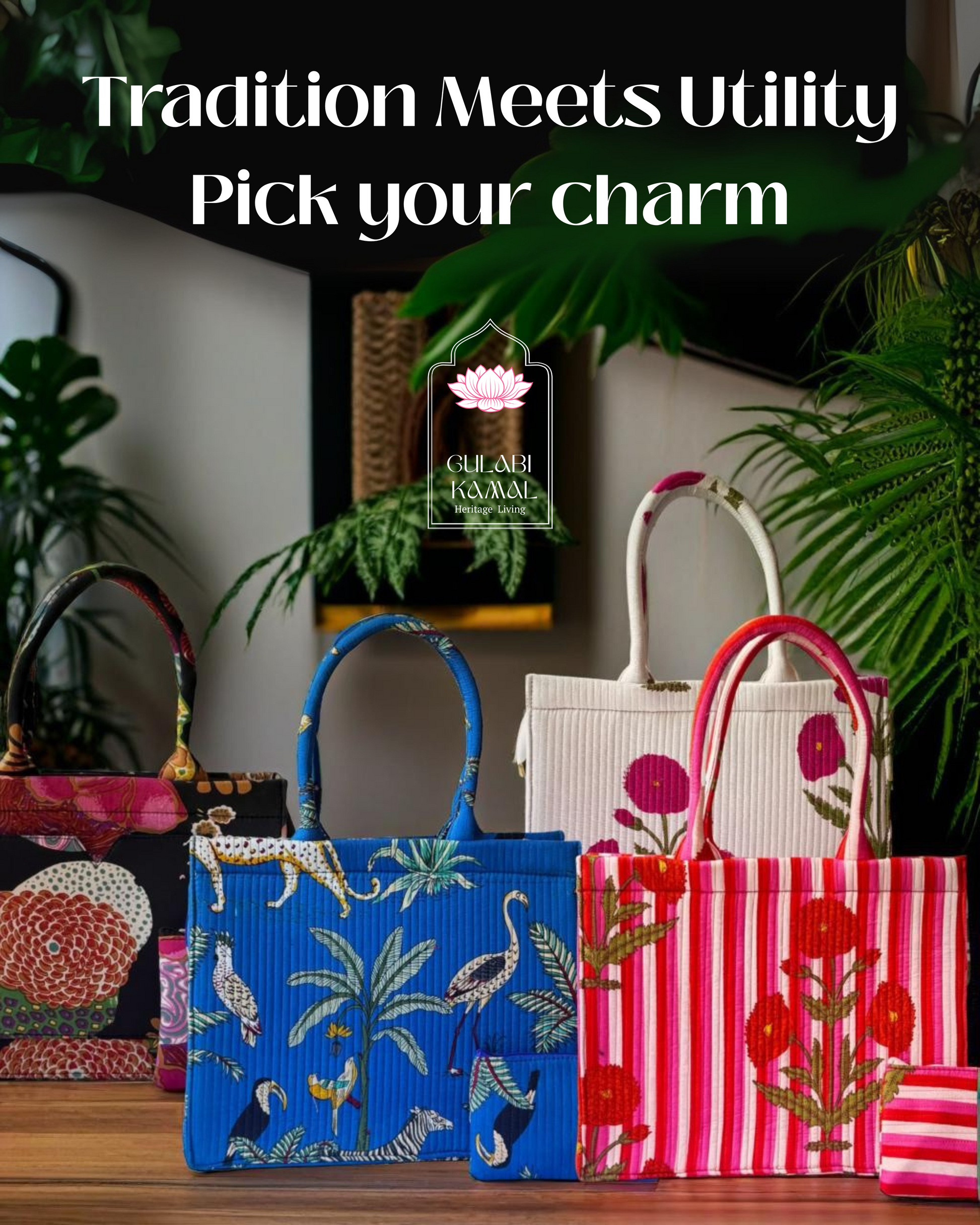 Gulabi Kamal handblock handbag collection, tradition meets utility, styled charm accessory image
