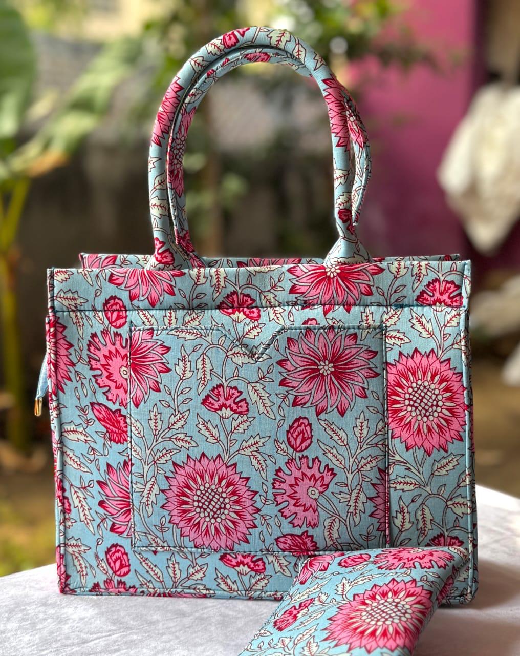Gulabi Phool Handblock Handbag, hand block printed handbag, main product image, Sanganer Jaipur artisan craft