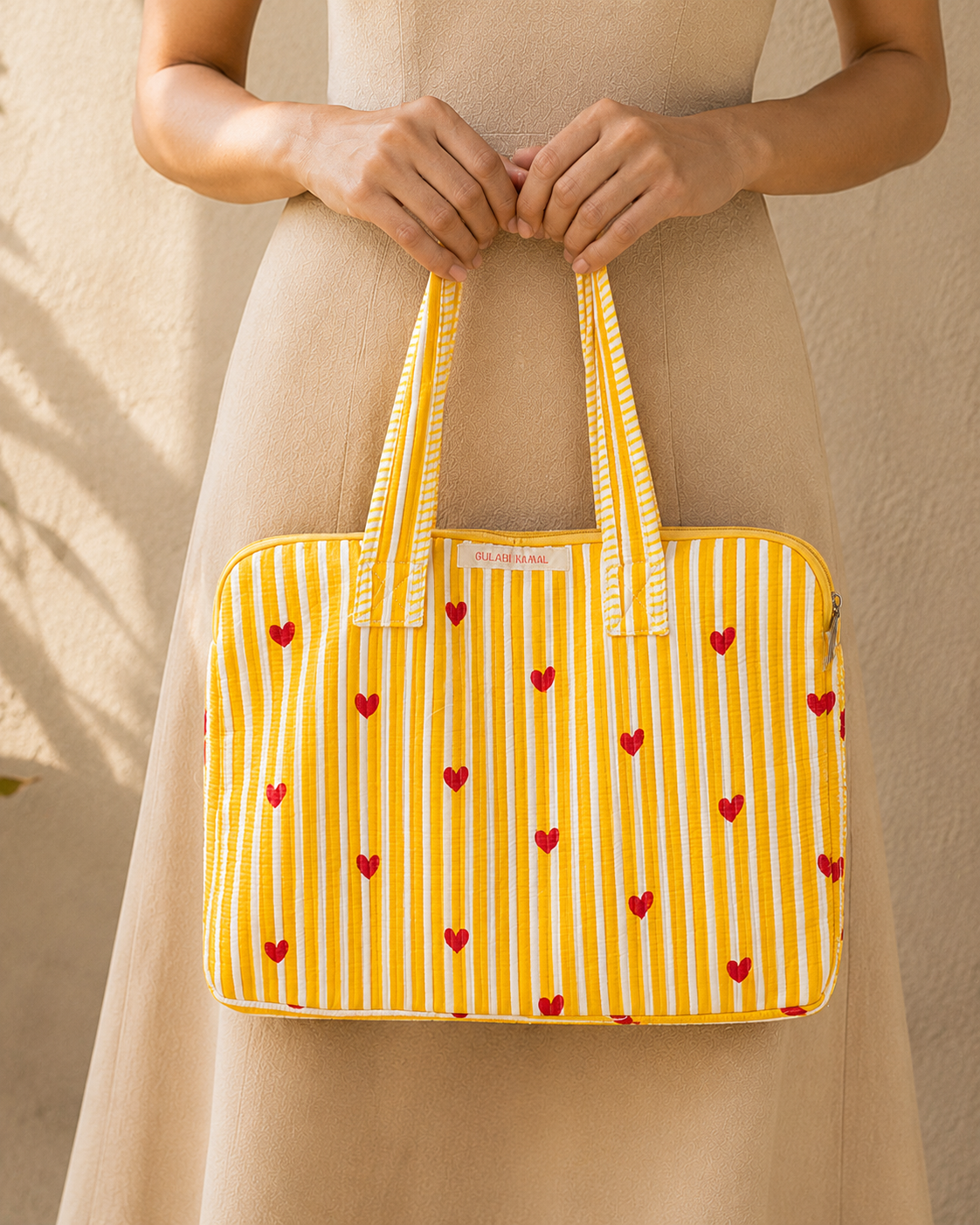 I love Yellow - Artistic Handblock Laptop Sleeve hand block printed artistic laptop sleeve styled view showing full set