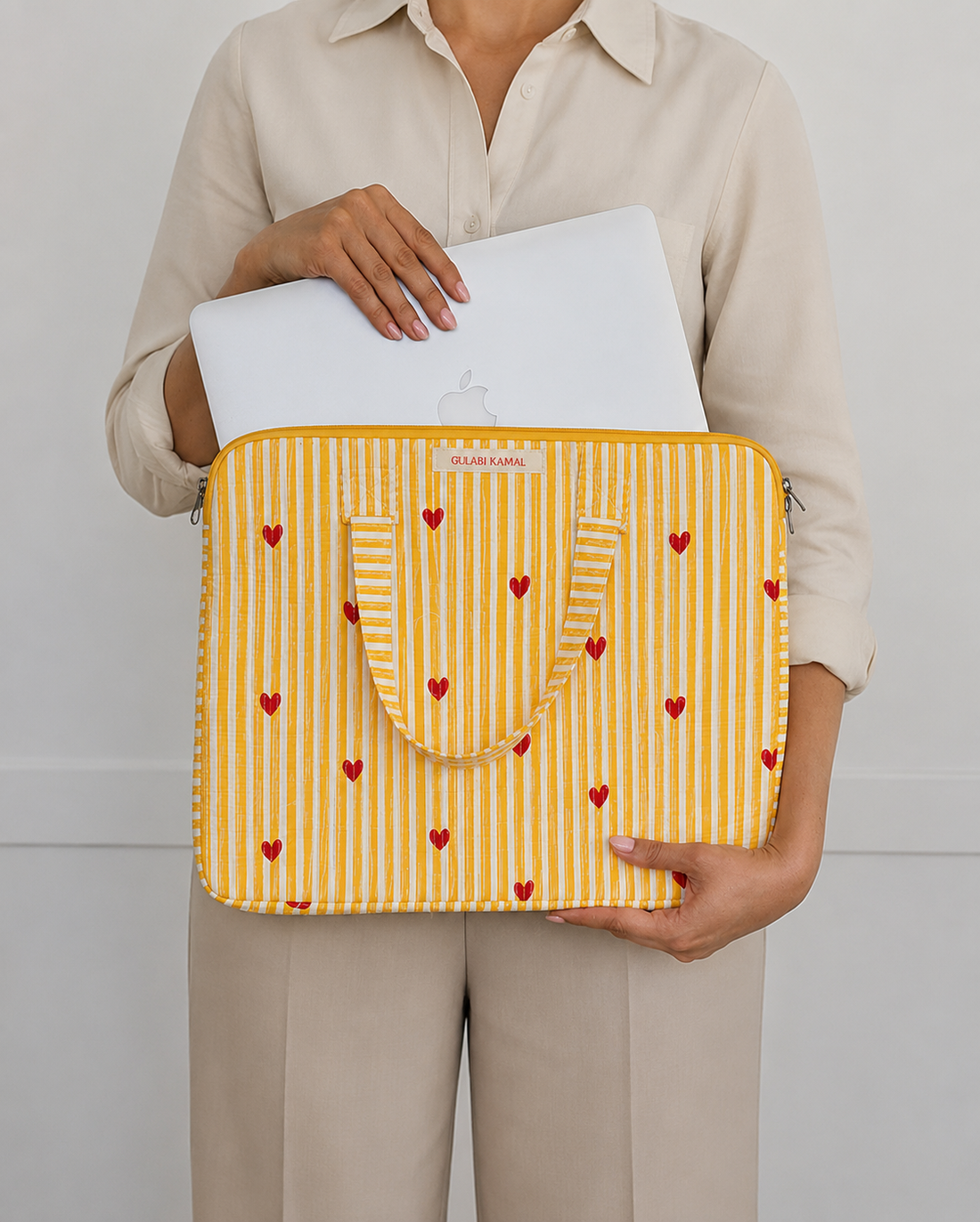 I love Yellow - Artistic Handblock Laptop Sleeve, hand block printed artistic laptop sleeve, main product image, Sanganer Jaipur artisan craft