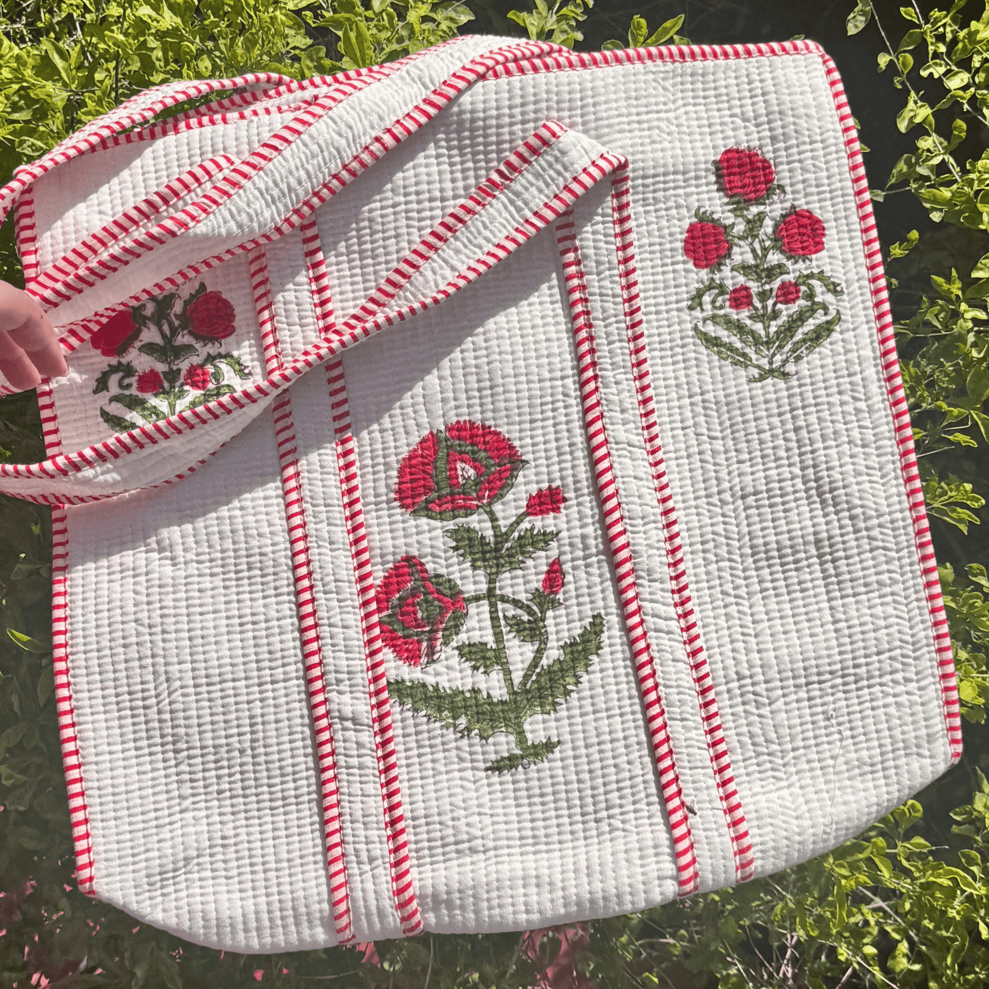 Lal Ishq Quilted Side Sling Tote Bag - 100% Cotton hand block printed quilted side sling cotton tote bag styled view showing full set