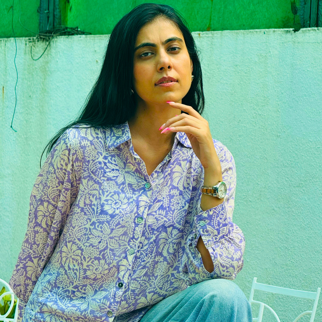 Lavender Bliss - Pure Modal Silk Shirt, hand block printed cotton shirt, main product image, Sanganer Jaipur artisan craft