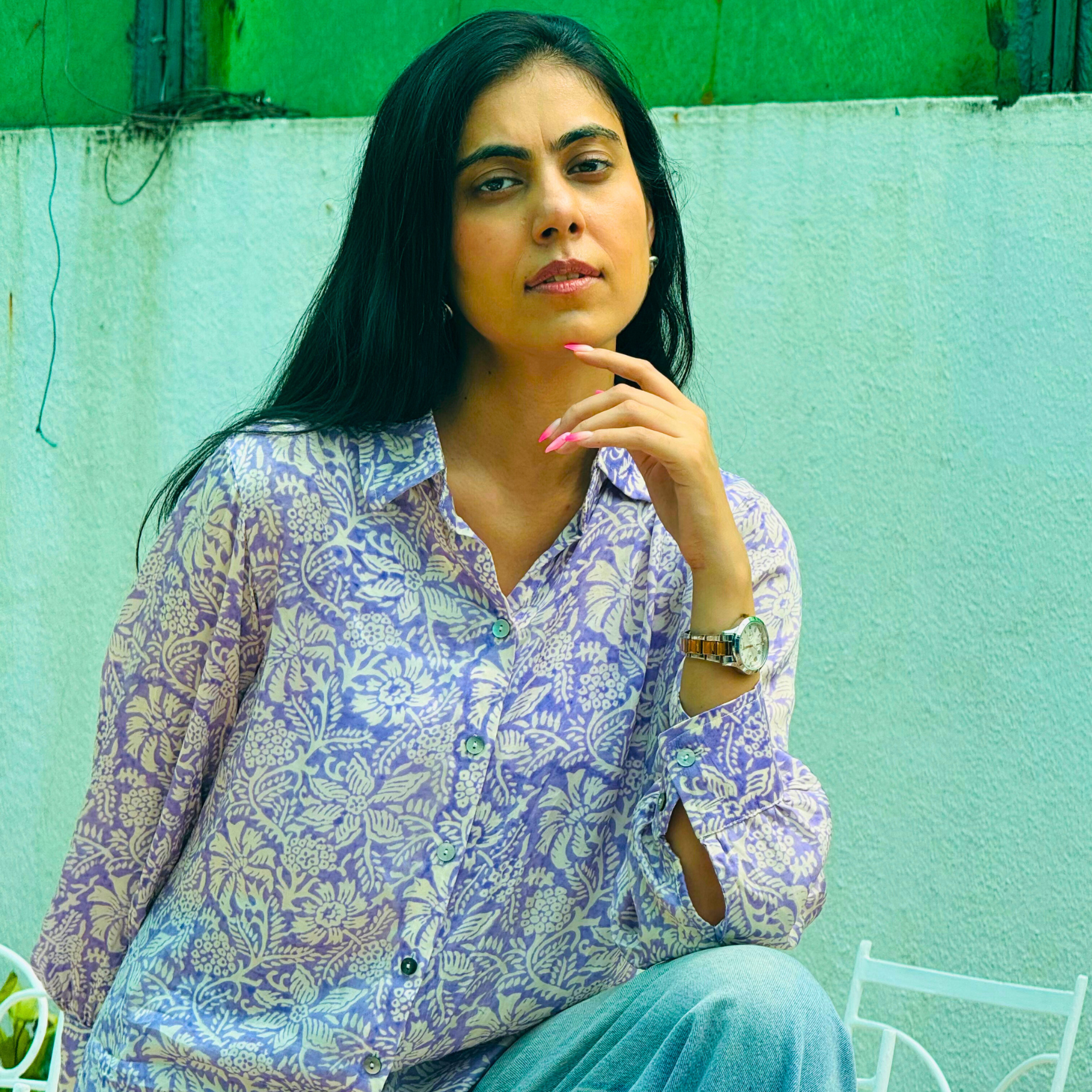 Lavender Bliss - Pure Modal Silk Shirt hand block printed cotton shirt close-up detail, hand block print pattern