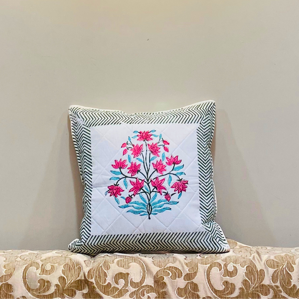 Lotus Lush - Handblock Foam Quilted Cushion Set of 5, hand block printed cotton cushion cover set, main product image, Sanganer Jaipur artisan craft