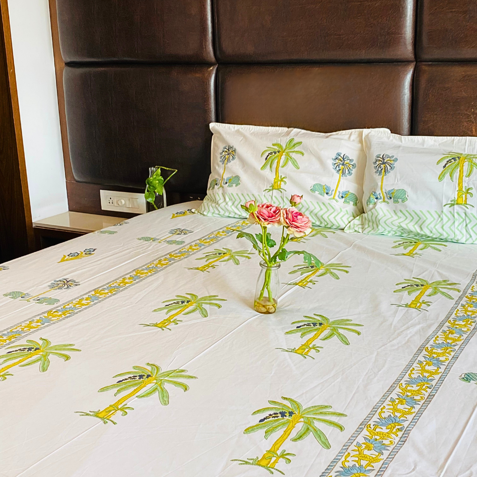 Maple Banana - Handblock Bedding hand block printed cotton bedding set close-up detail, hand block print pattern