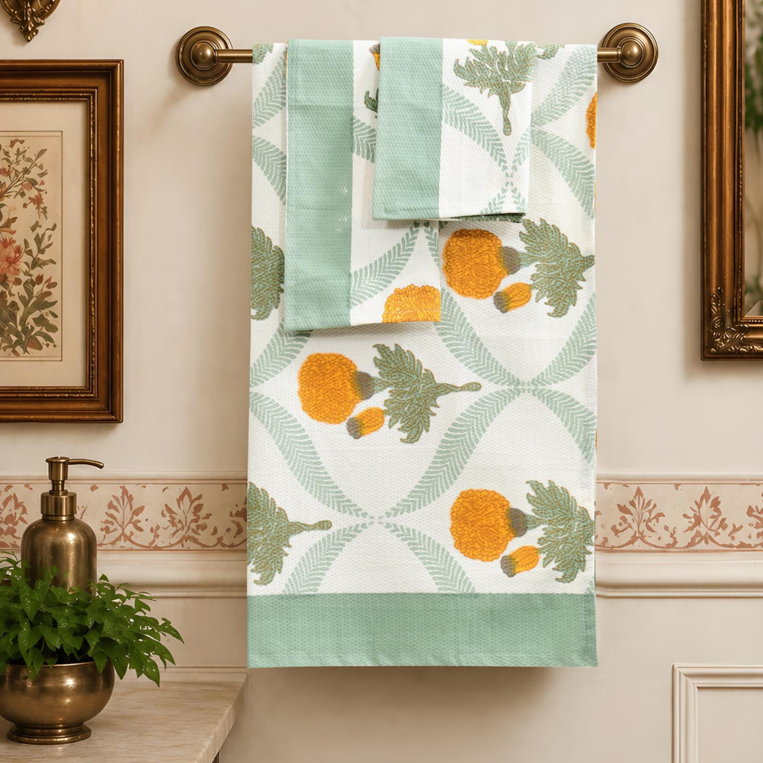 Marigold Affair Handblock Premium Bath Towel Set ( Towel + 2 Hand Towels ), hand block printed premium cotton bath towel set, main product image, Sanganer Jaipur artisan craft