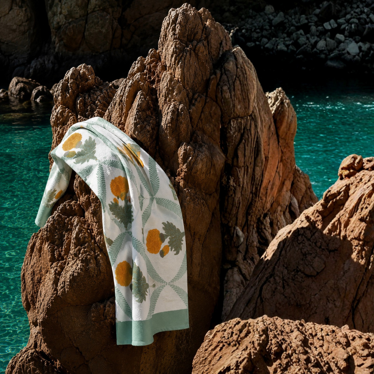 Marigold Affair Handblock Premium Bath Towel Set ( Towel + 2 Hand Towels ) hand block printed premium cotton bath towel set close-up detail, print pattern