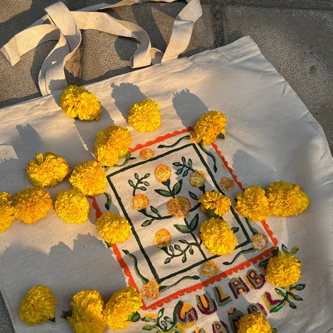 Marigold HandPainted Aesthetic Tote Bag, hand painted cotton tote bag, main product image, Sanganer Jaipur artisan craft