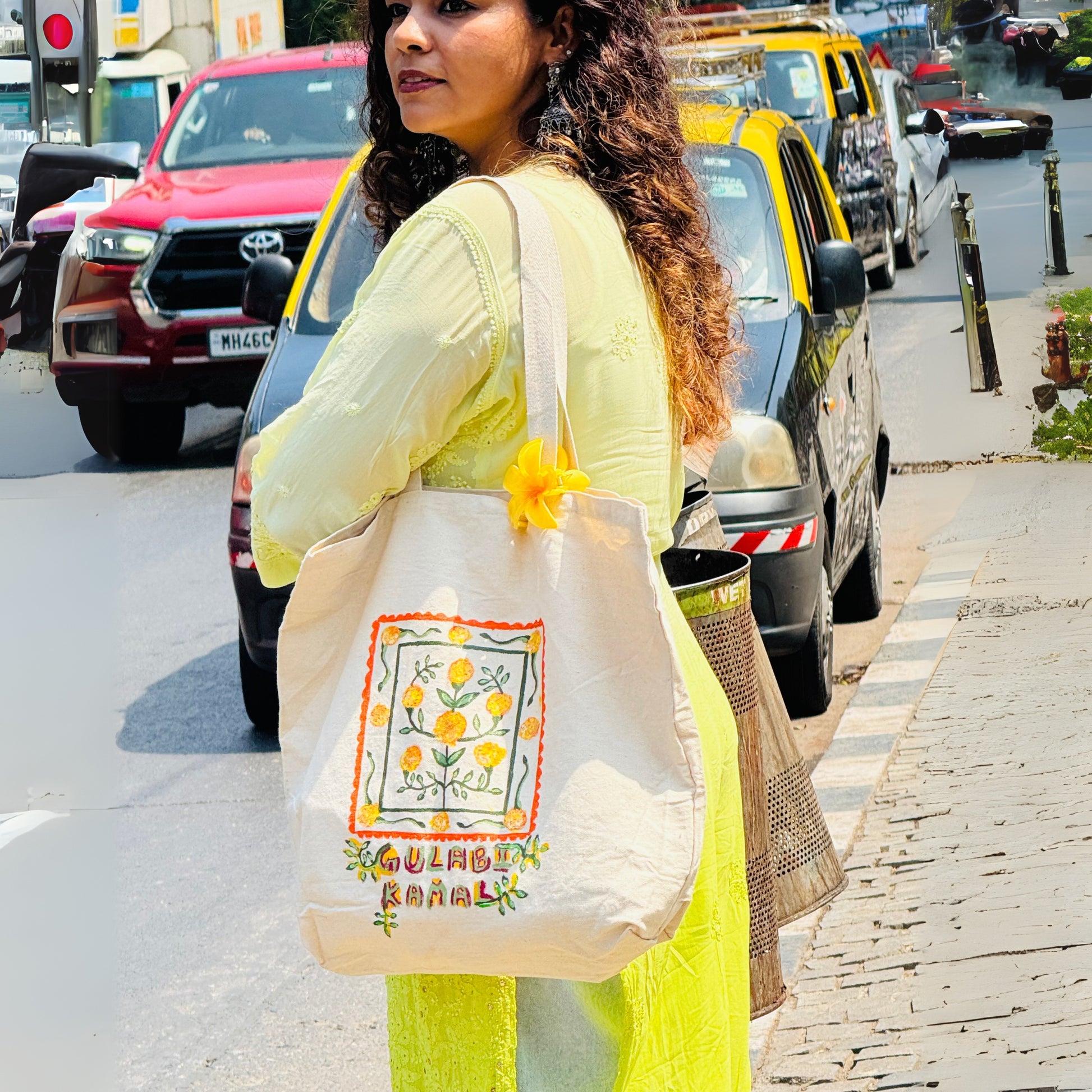 Marigold HandPainted Aesthetic Tote Bag hand painted cotton tote bag close-up detail, print pattern
