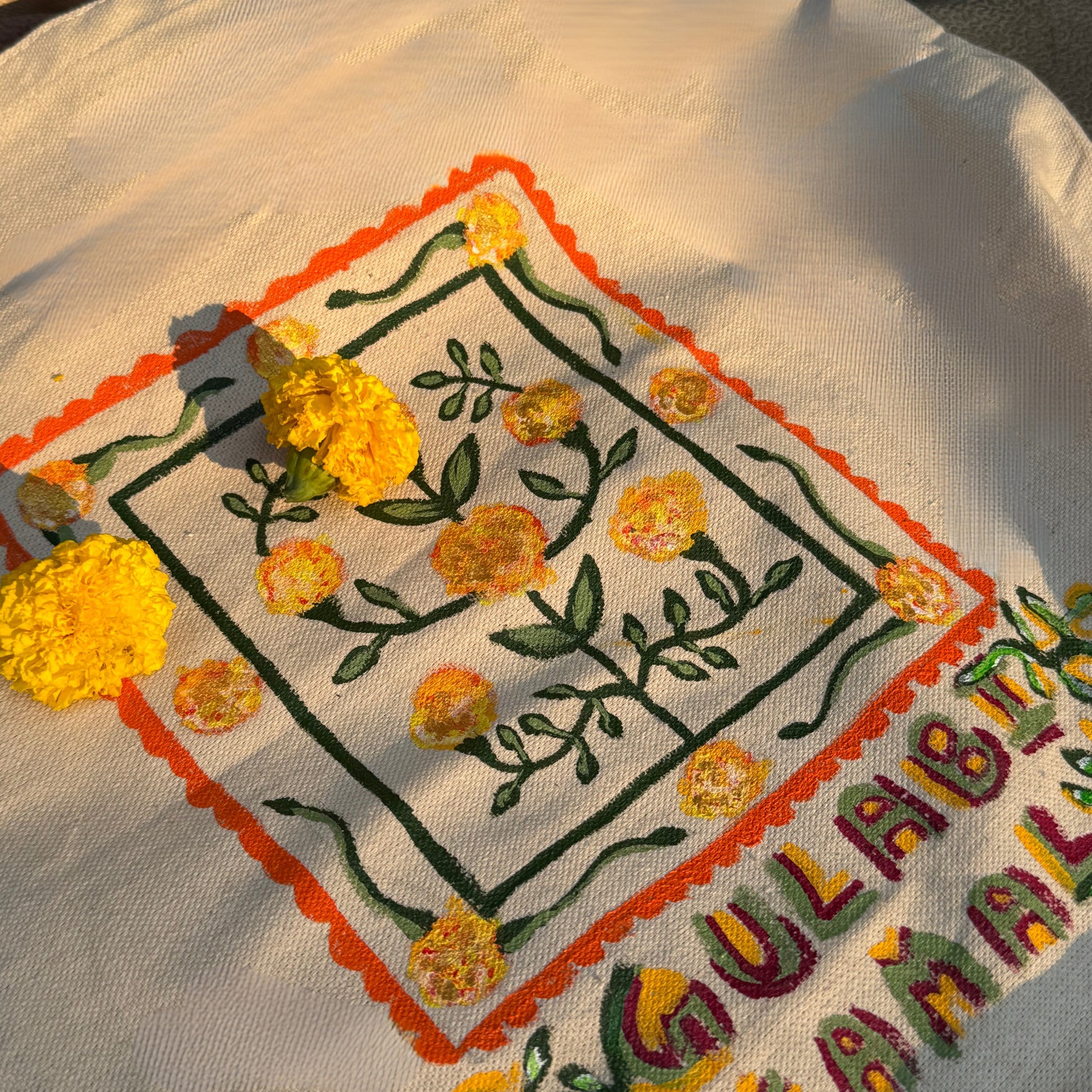 Marigold HandPainted Aesthetic Tote Bag hand painted cotton tote bag close-up detail, print pattern