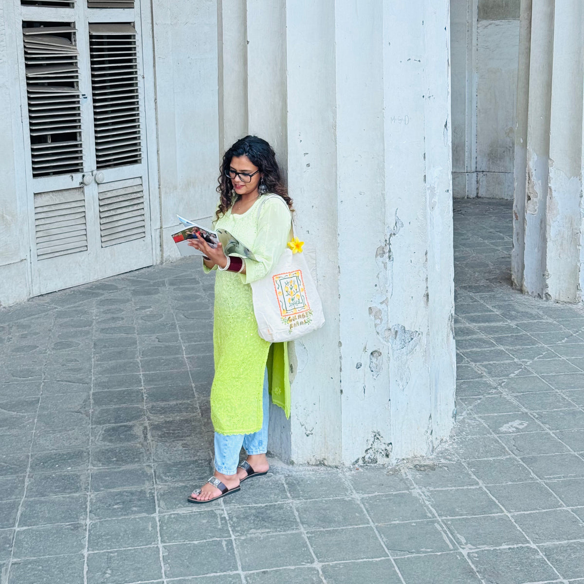 Marigold HandPainted Aesthetic Tote Bag, hand painted cotton tote bag, main product image, Sanganer Jaipur artisan craft