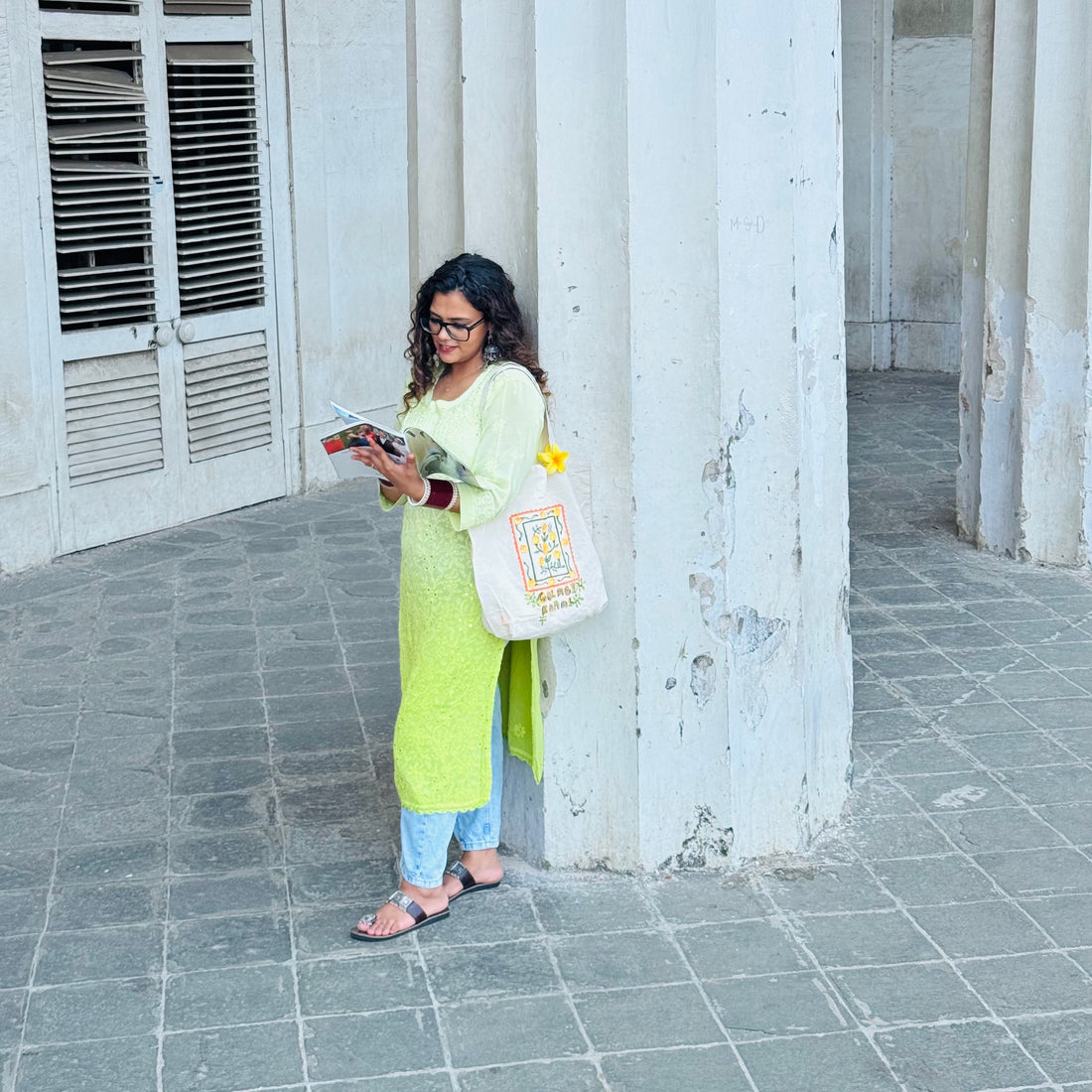 Marigold HandPainted Aesthetic Tote Bag, hand painted cotton tote bag, main product image, Sanganer Jaipur artisan craft