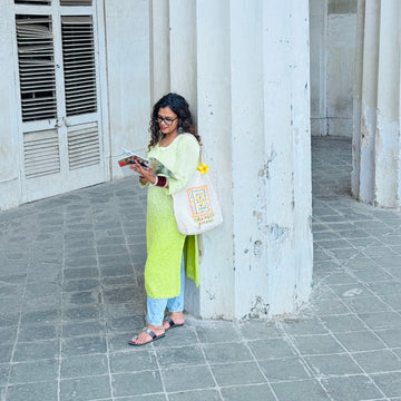 Marigold HandPainted Aesthetic Tote Bag, hand painted cotton tote bag, main product image, Sanganer Jaipur artisan craft