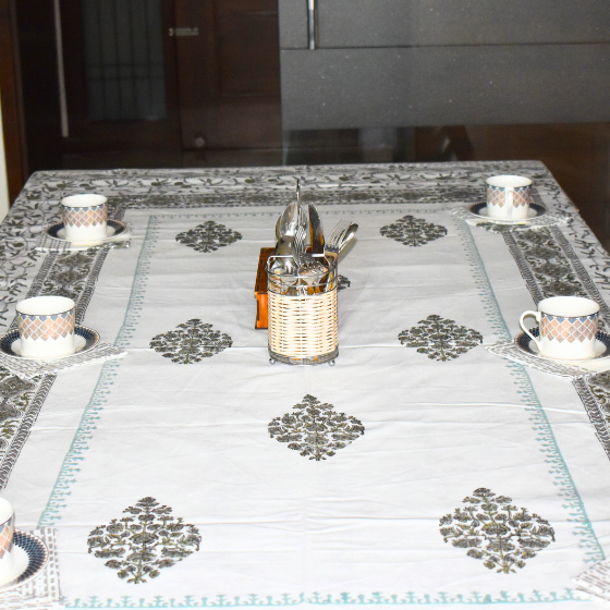 Motif Life Handlook Cotton Mat + Runner 7 Pcs Set hand block printed cotton table mat and runner set close-up detail, hand block print pattern