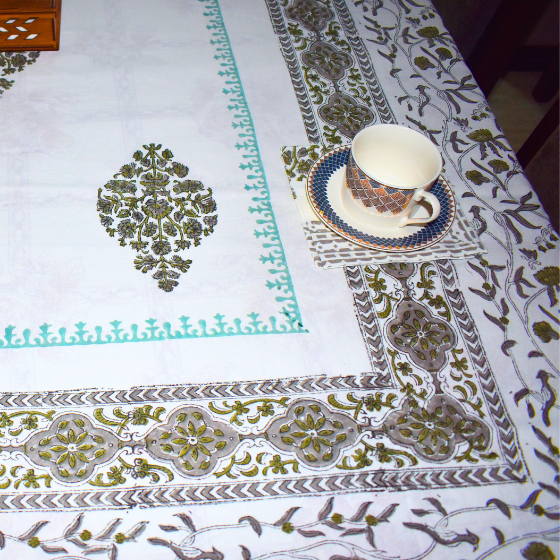Motif Life Handlook Cotton Mat + Runner 7 Pcs Set hand block printed cotton table mat and runner set close-up detail, hand block print pattern