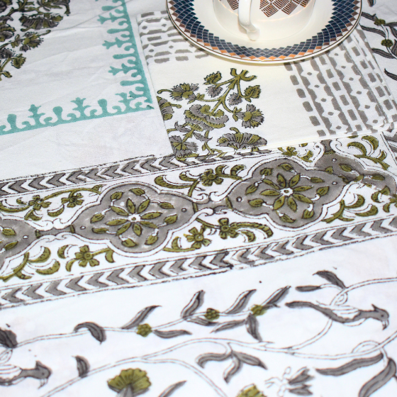 Motif Life Handlook Cotton Mat + Runner 7 Pcs Set hand block printed cotton table mat and runner set styled view showing full set