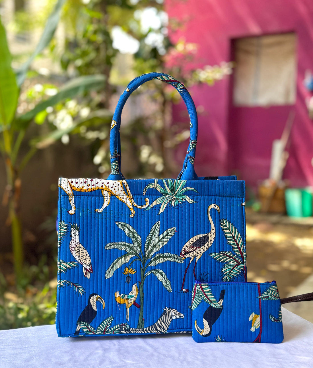 Neel Garden Handblock Handbag, hand block printed handbag, main product image, Sanganer Jaipur artisan craft