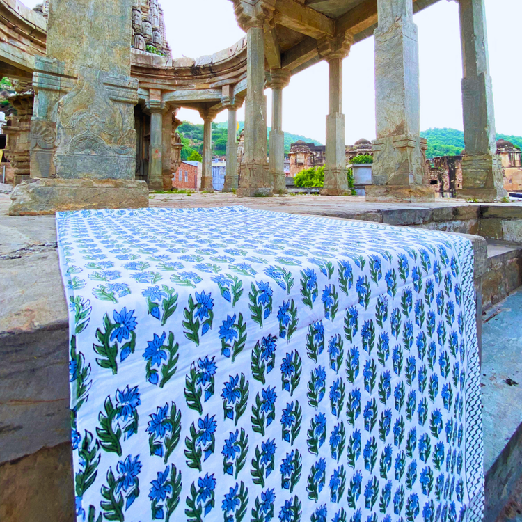 Ocean Bloom hand block printed cotton bedsheet with pillow covers, blue floral Khas Khas print