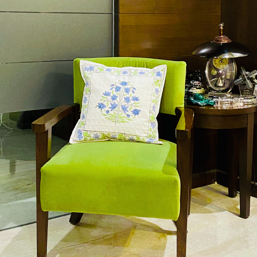 Ocean Lotus - Handblock Cushion Set of 5 hand block printed cotton cushion cover set styled view showing full set