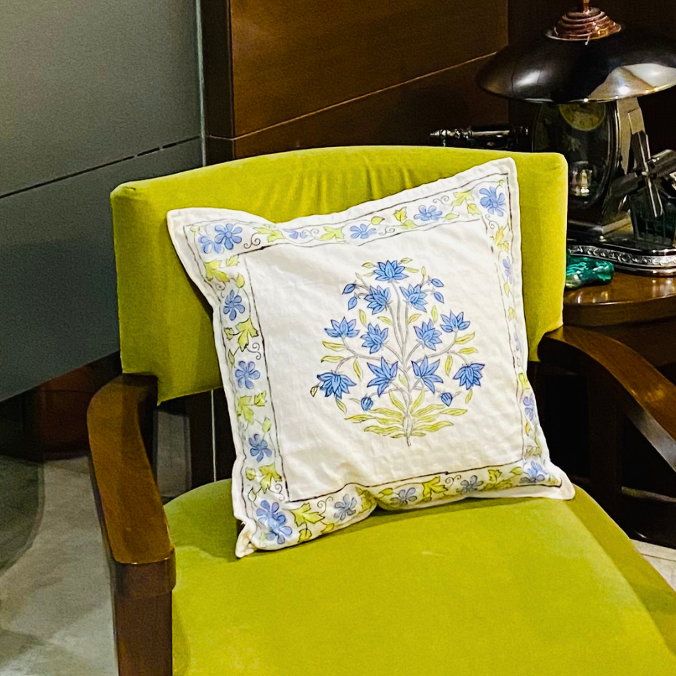Ocean Lotus - Handblock Cushion Set of 5, hand block printed cotton cushion cover set, main product image, Sanganer Jaipur artisan craft