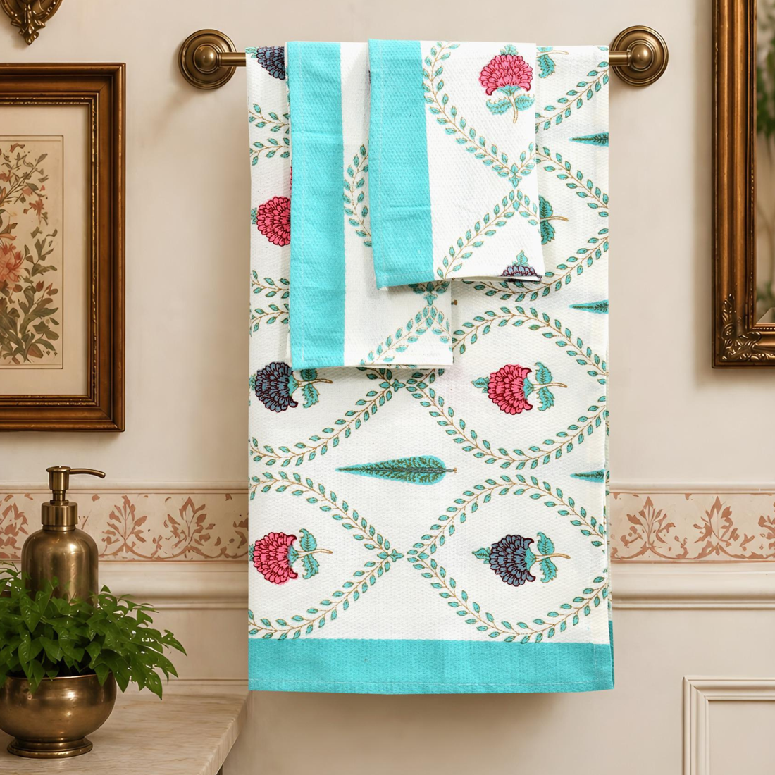 Ocean Party Handblock Premium Bath Towel Set ( Towel + 2 Hand Towels ), hand block printed premium cotton bath towel set, main product image, Sanganer Jaipur artisan craft