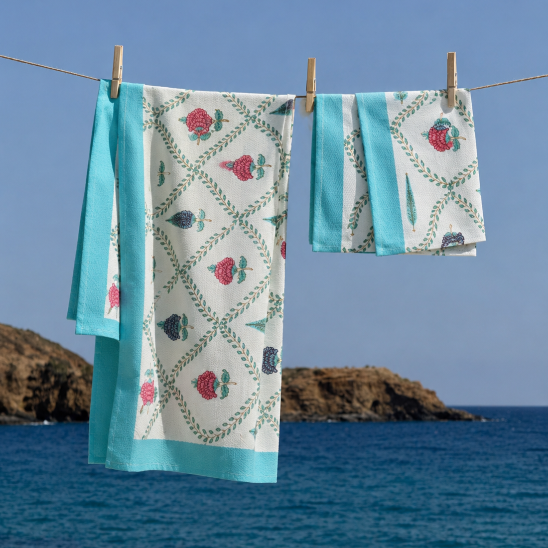 Ocean Party Handblock Premium Bath Towel Set ( Towel + 2 Hand Towels ), hand block printed premium cotton bath towel set, main product image, Sanganer Jaipur artisan craft