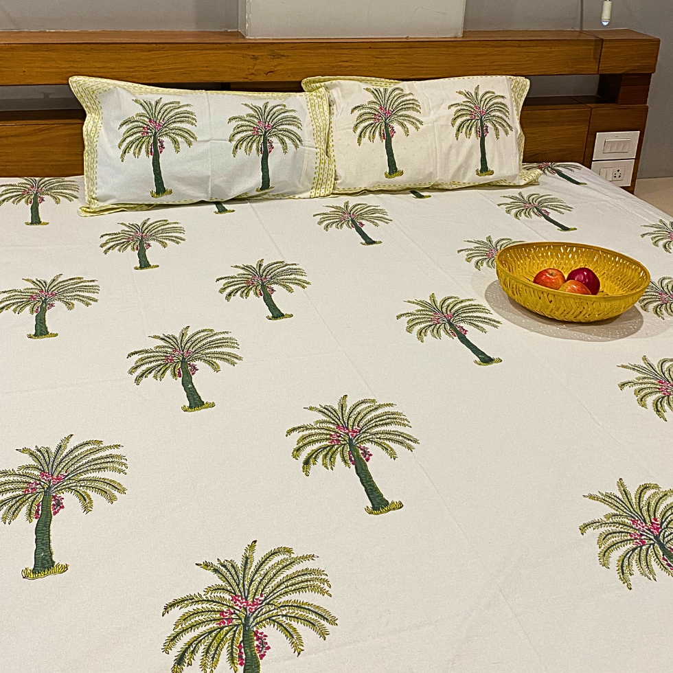 Palm Vacation - Handblock Bedding, hand block printed cotton bedding set, main product image, Sanganer Jaipur artisan craft