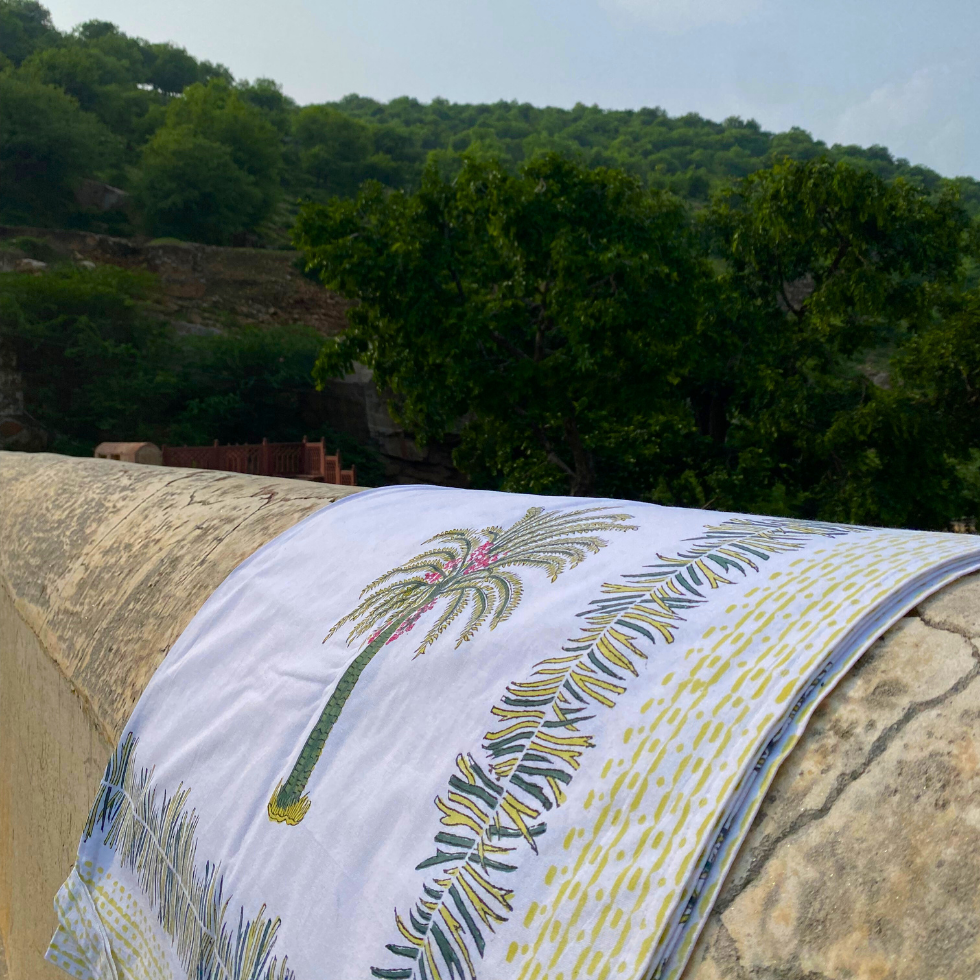 Palm Vacation - Handblock Bedding, hand block printed cotton bedding set, main product image, Sanganer Jaipur artisan craft