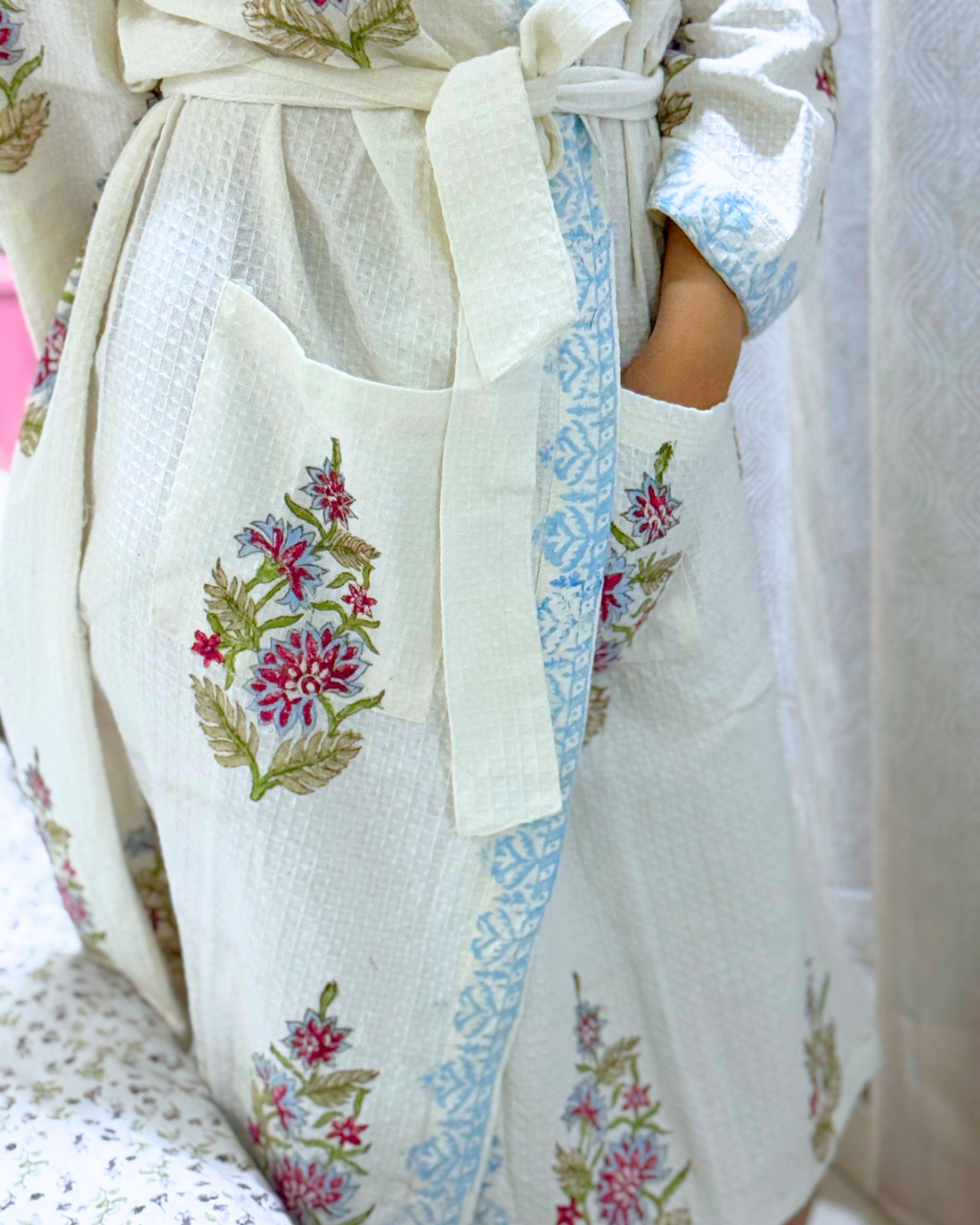 Royal Radiant Handblock Premium Bathrobe, hand block printed premium cotton bathrobe, main product image, Sanganer Jaipur artisan craft