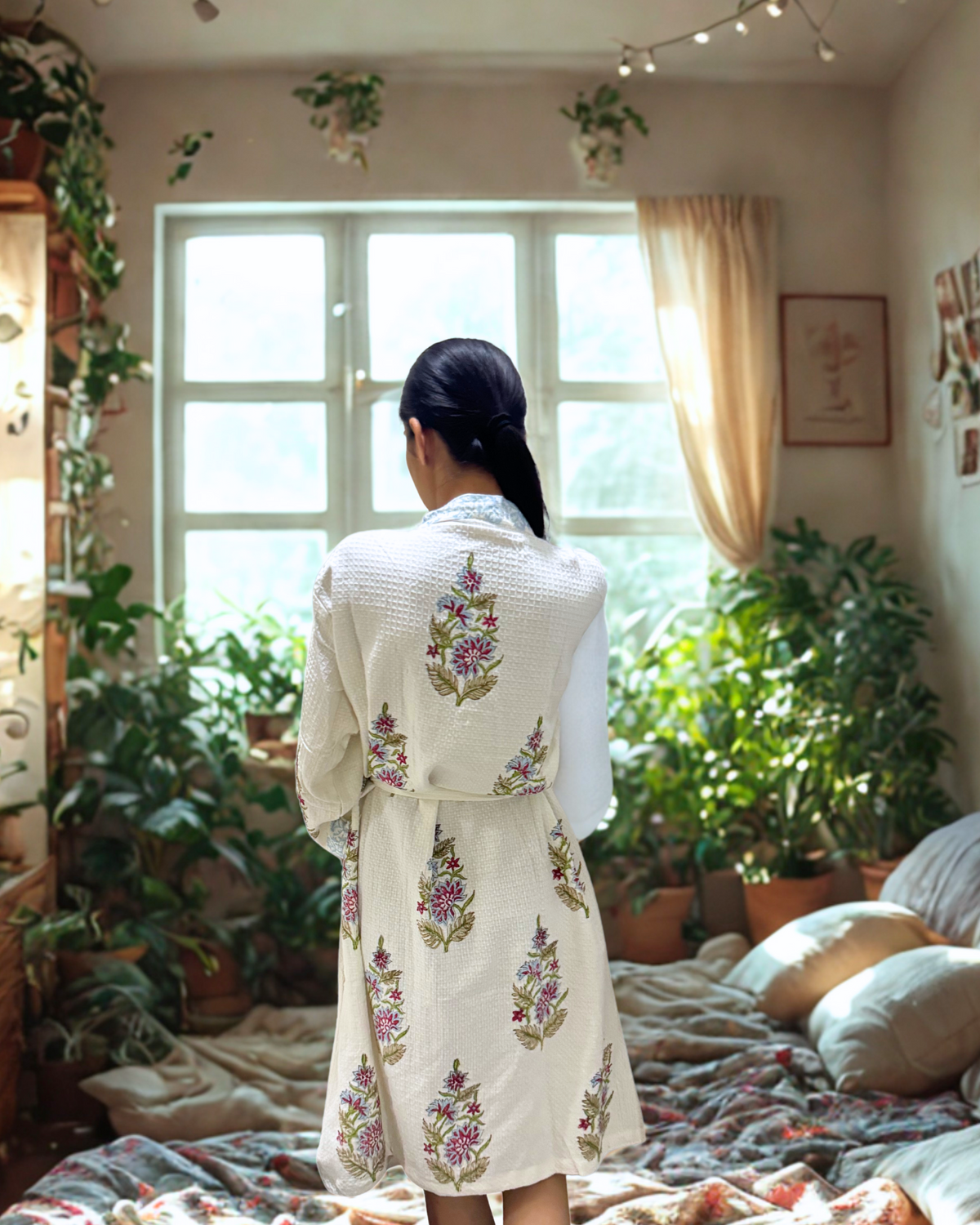 Royal Radiant Handblock Premium Bathrobe hand block printed premium cotton bathrobe close-up detail, print pattern