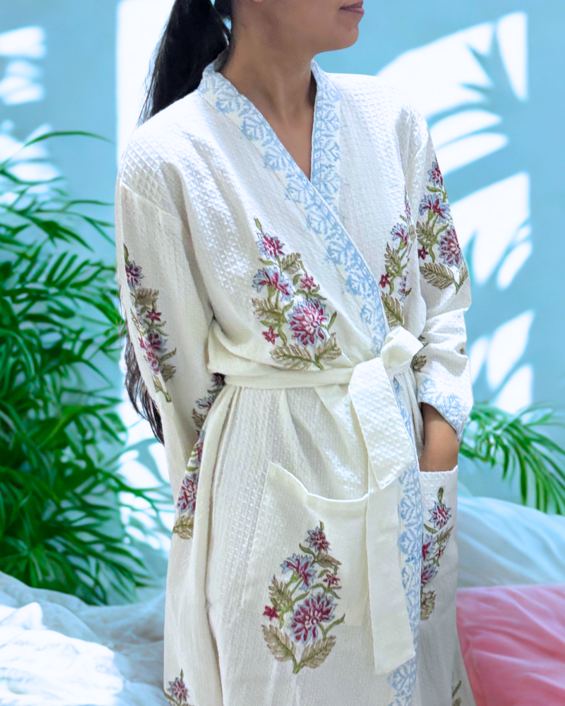 Royal Radiant Handblock Premium Bathrobe, hand block printed premium cotton bathrobe, main product image, Sanganer Jaipur artisan craft