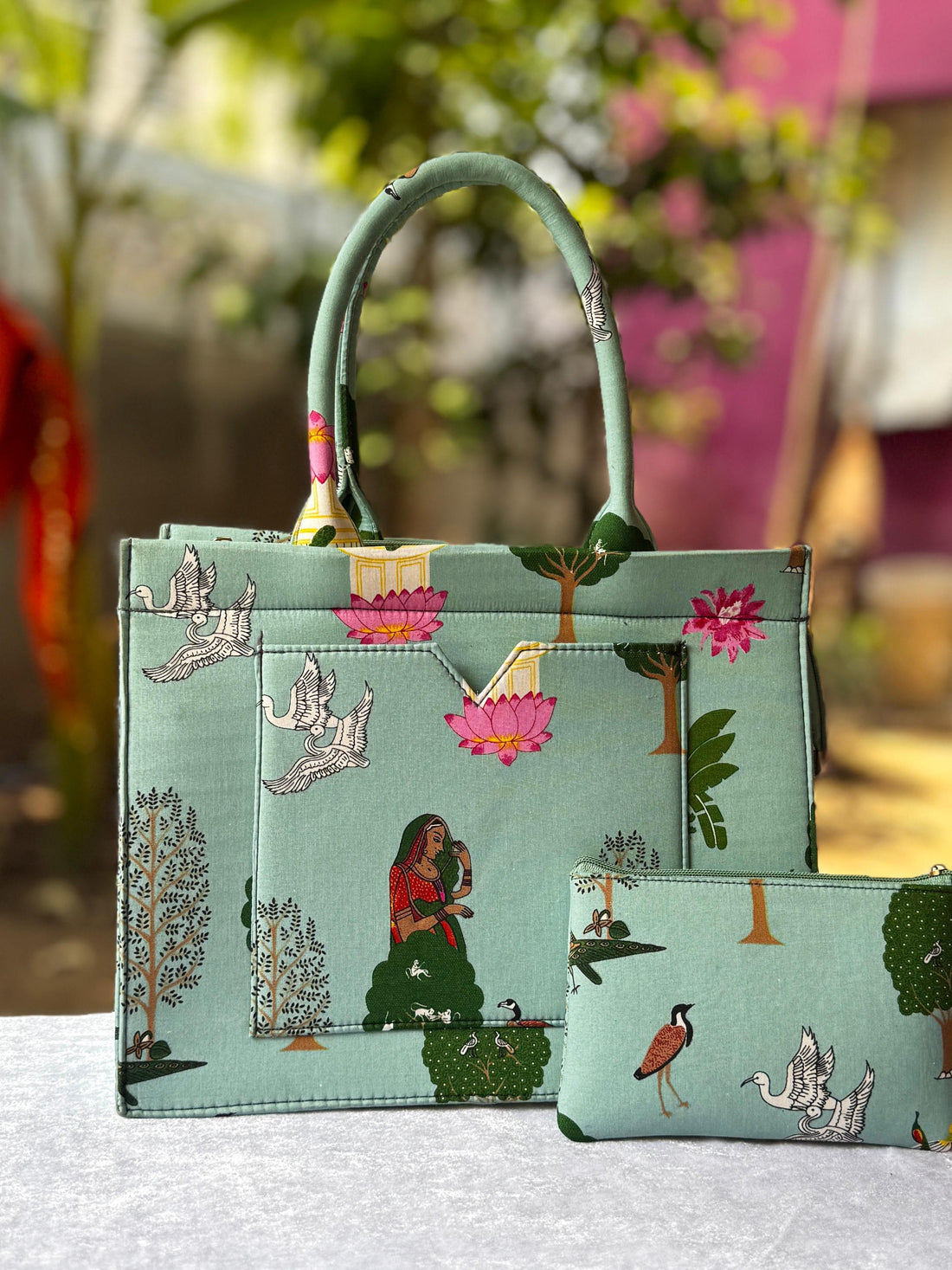 Signature Gulabi Kamal Handblock Handbag, hand block printed handbag, main product image, Sanganer Jaipur artisan craft