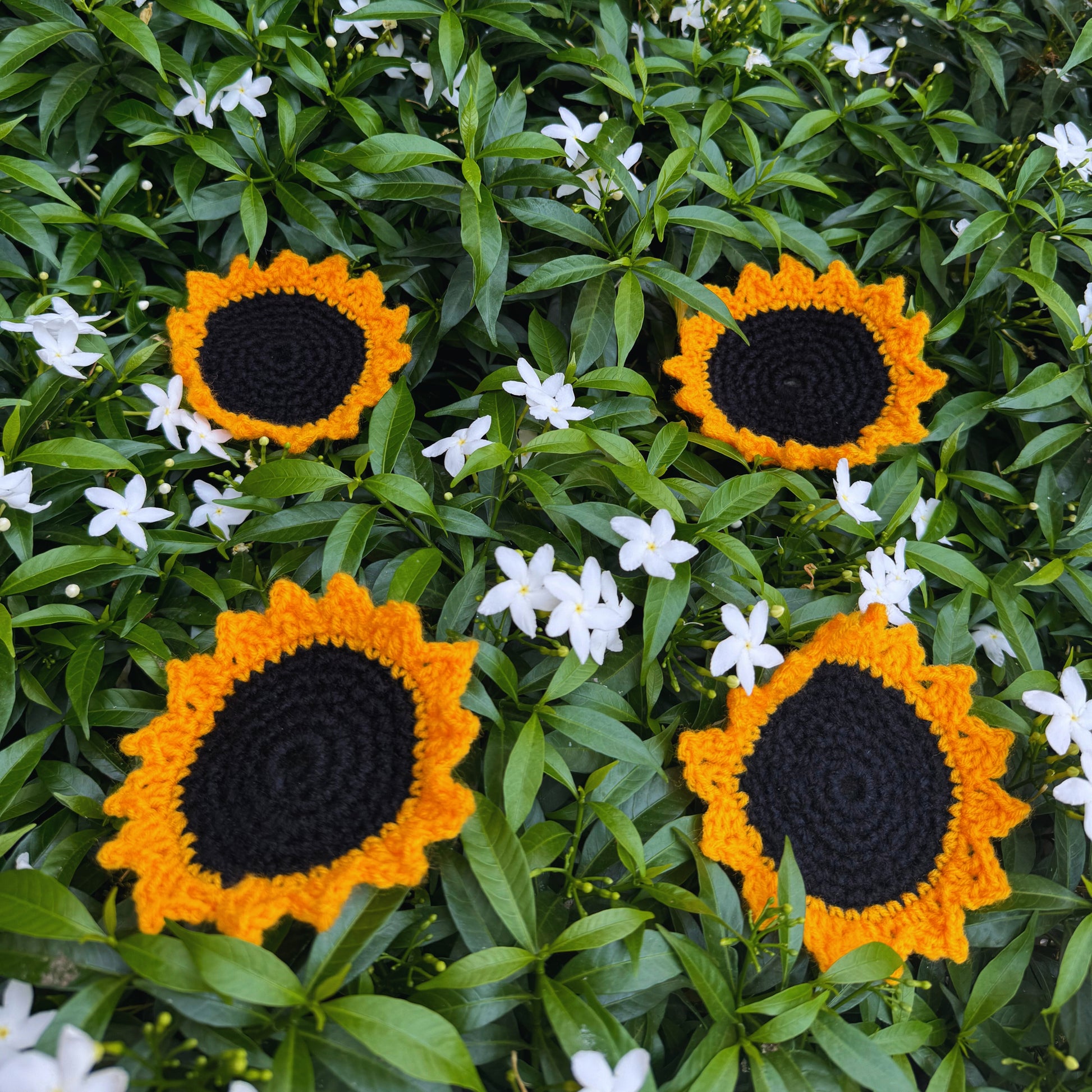 Sunflower Crochet Coasters handmade crochet coaster set close-up detail, print pattern