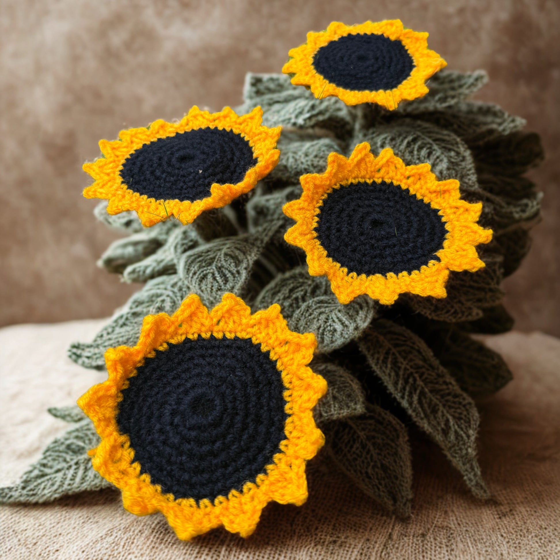 Sunflower Crochet Coasters handmade crochet coaster set styled view showing full set