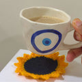 Sunflower Crochet Coasters, handmade crochet coaster set, main product image, Sanganer Jaipur artisan craft
