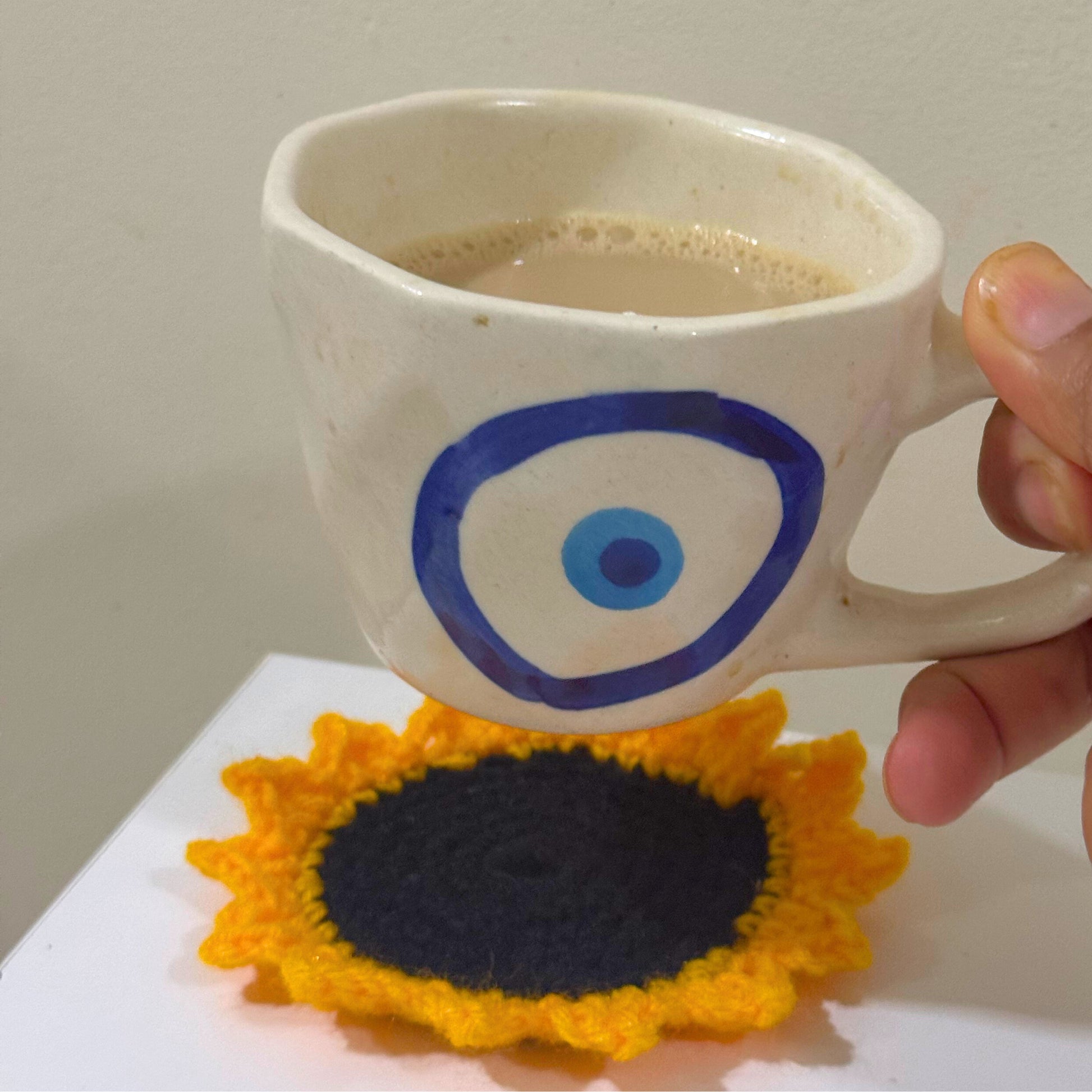Sunflower Crochet Coasters, handmade crochet coaster set, main product image, Sanganer Jaipur artisan craft