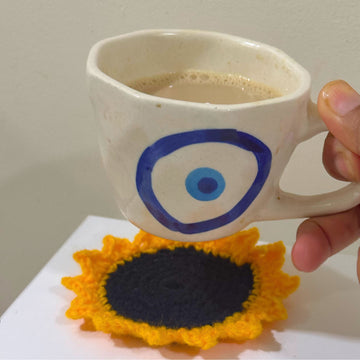 Sunflower Crochet Coasters, handmade crochet coaster set, main product image, Sanganer Jaipur artisan craft