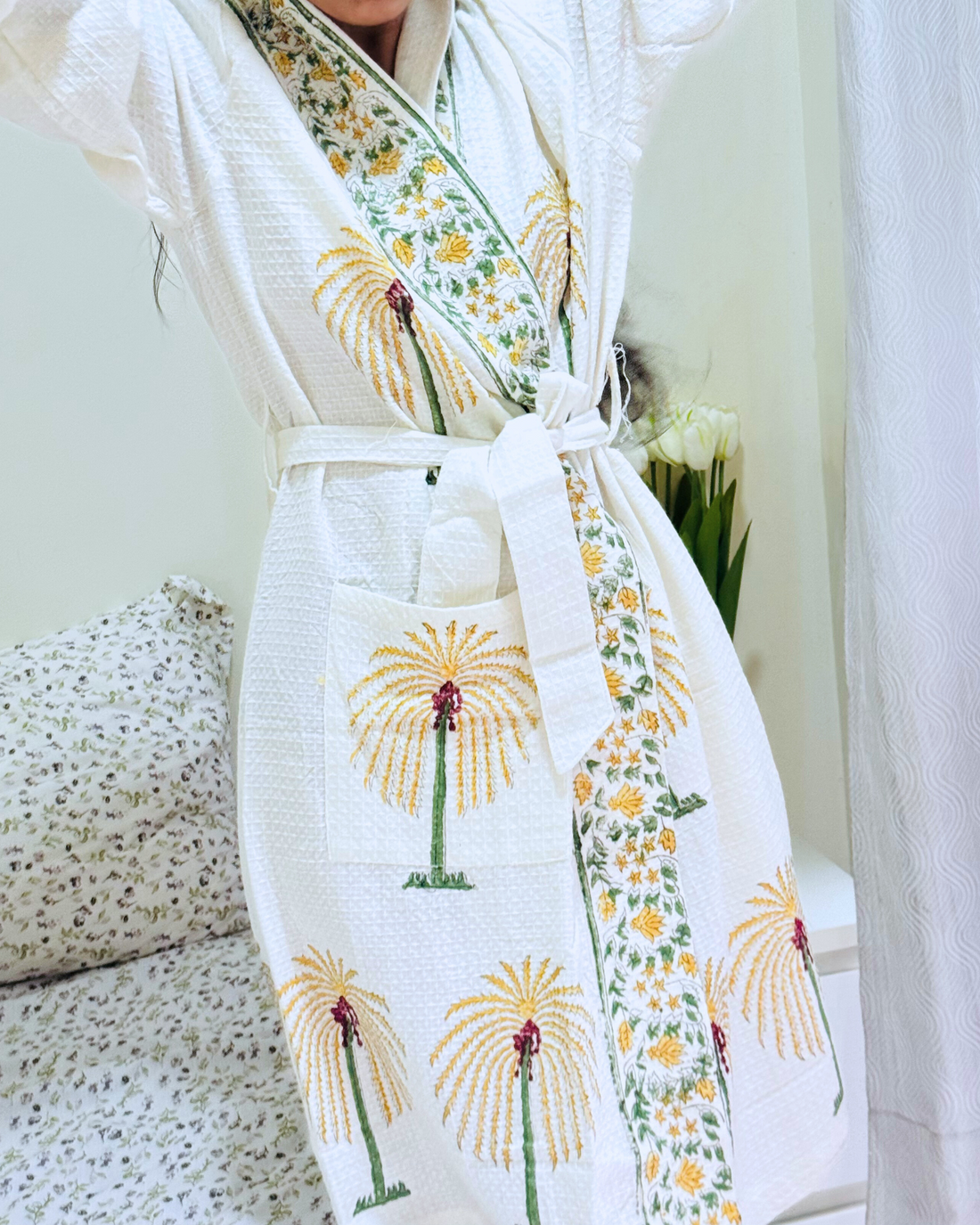 Tender Moodie Handblock Premium Bathrobe, hand block printed premium cotton bathrobe, main product image, Sanganer Jaipur artisan craft