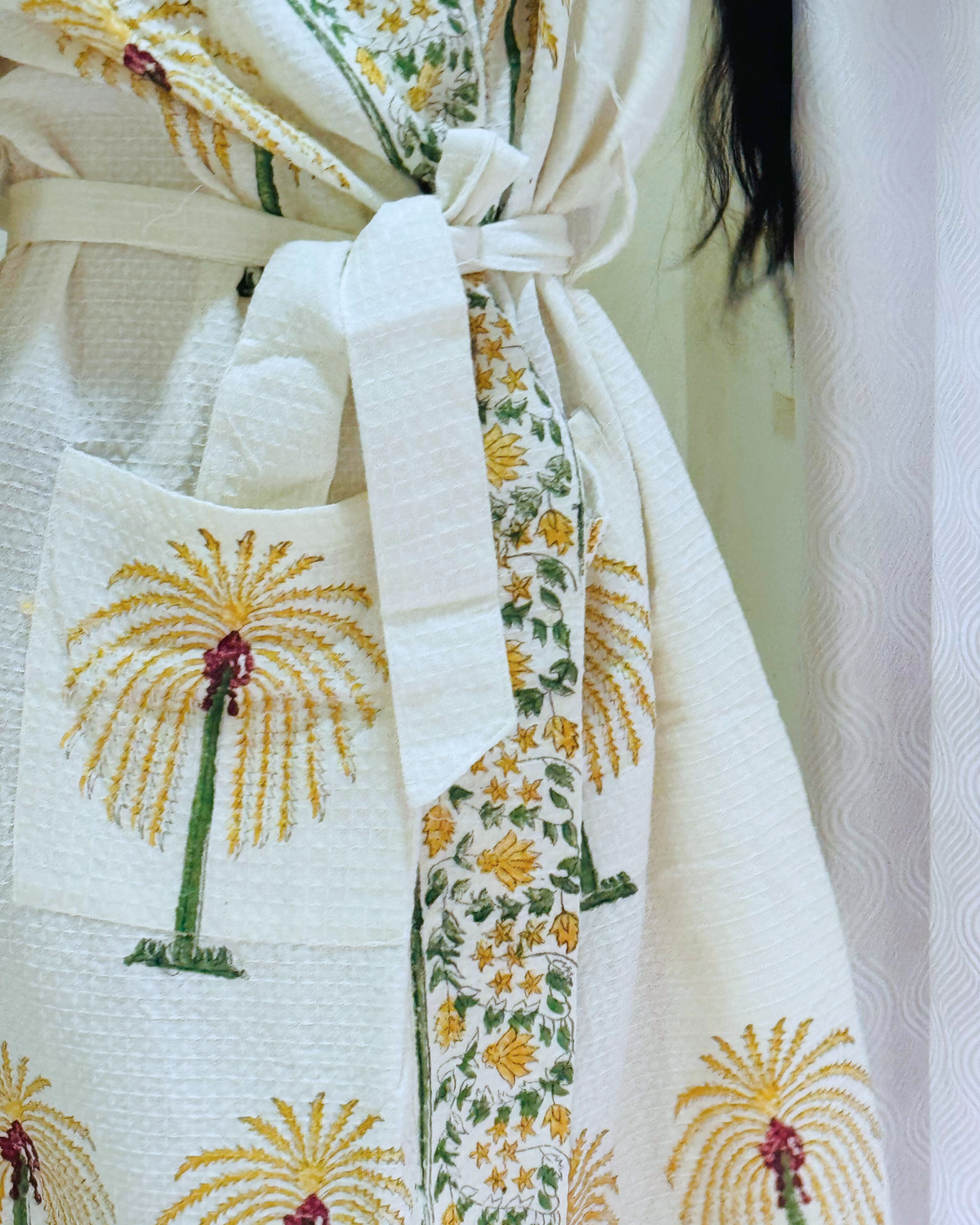 Tender Moodie Handblock Premium Bathrobe hand block printed premium cotton bathrobe close-up detail, print pattern